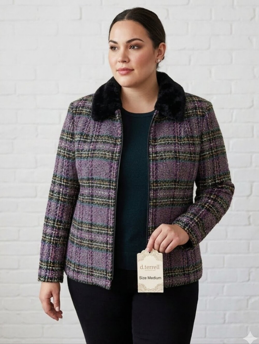 D.Terrell Jacket, Size M, Tweed‎ Plaid Knit, Purple, Green, Fur Collar